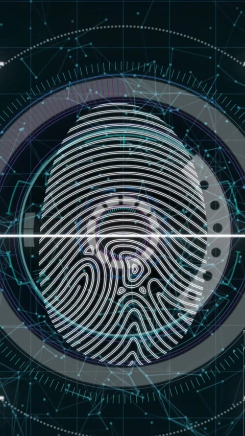 Animation of biometric fingerprint, scope scanning and data processing over Stock Footage 342004193
