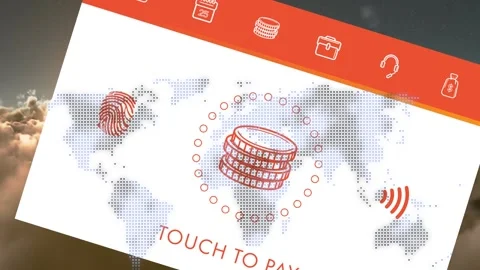 Animation of biometric pay icons over world map and clouds Vidéo 156568005
