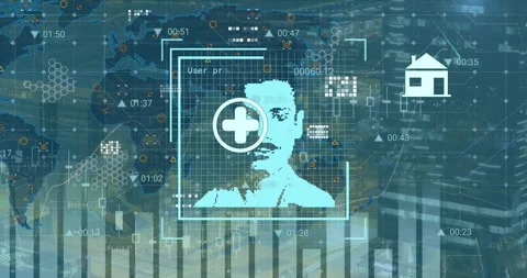 Animation of biometric photos and data processing over world map Stock Footage 329920364