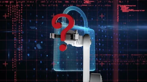 Animation of bionic arm with question mark, digital padlock, and data processing Vídeos de archivo 316737055