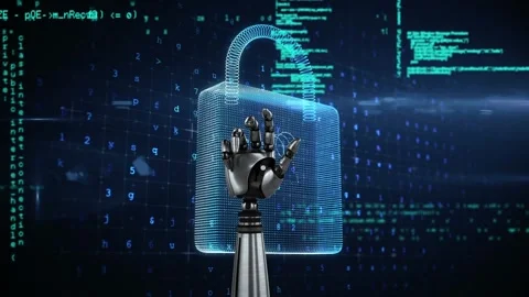 Animation of bionic hand and digital padlock over data processing on navy 스톡 동영상 328713943