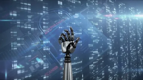 Animation of bionic hand and digital padlock over data processing 스톡 동영상 330734885