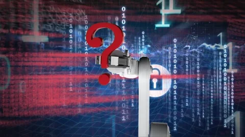 Animation of bionic hand with question marks in digital space with binary code Stock Footage 328465665