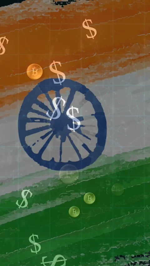 Animation of bitcoin and american dollar symbols flowing over flag of india in Stock Footage 344614435