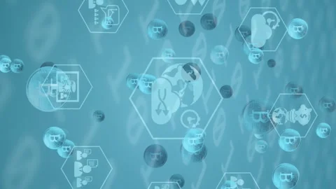 Animation of bitcoin and digital icons over binary coding numbers changing on Stock Footage 312418723