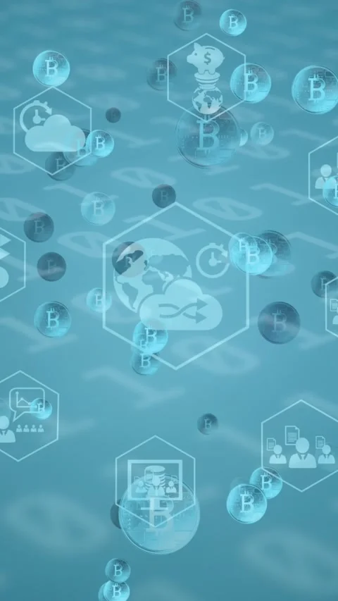Animation of bitcoin and digital icons over binary coding numbers changing on Stock Footage 331646441