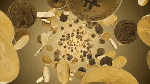 Animation of Bitcoin coins explosion on the background of radial yellow gradient Stock Footage 114066203