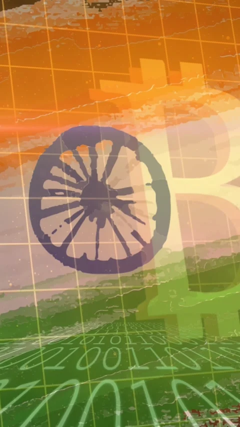 Animation of bitcoin symbol and binary coding over flag of india in background Vídeos de archivo 344557728