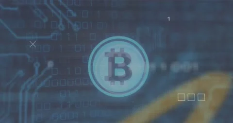 Animation of bitcoin symbol, microprocessor connections and binary coding Vídeo Stock 244786393