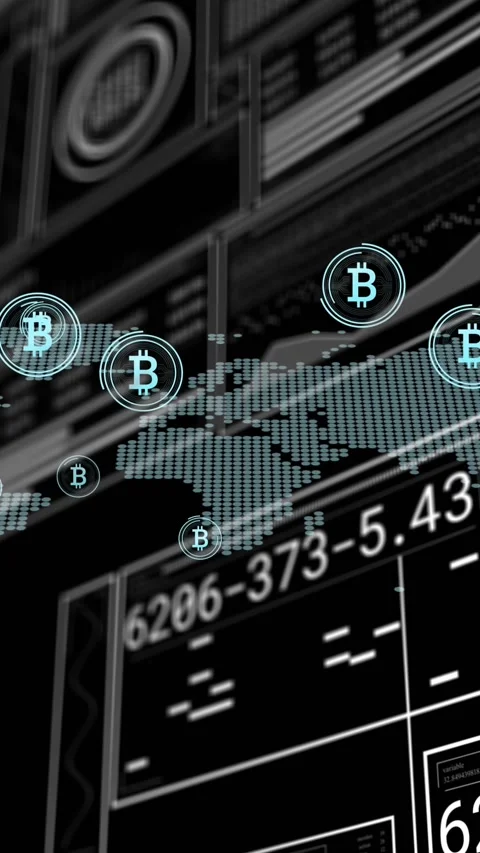 Animation of bitcoin symbols floating over world map against interface with data Stock Footage 321441248