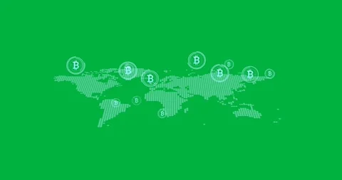 Animation of bitcoins moving and world map on transparent background Video stock 318379367