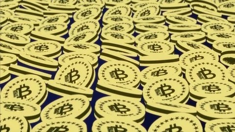 Animation of bitcoins a wall of luminous crypto currency is floating in the air Stock Footage 84702921