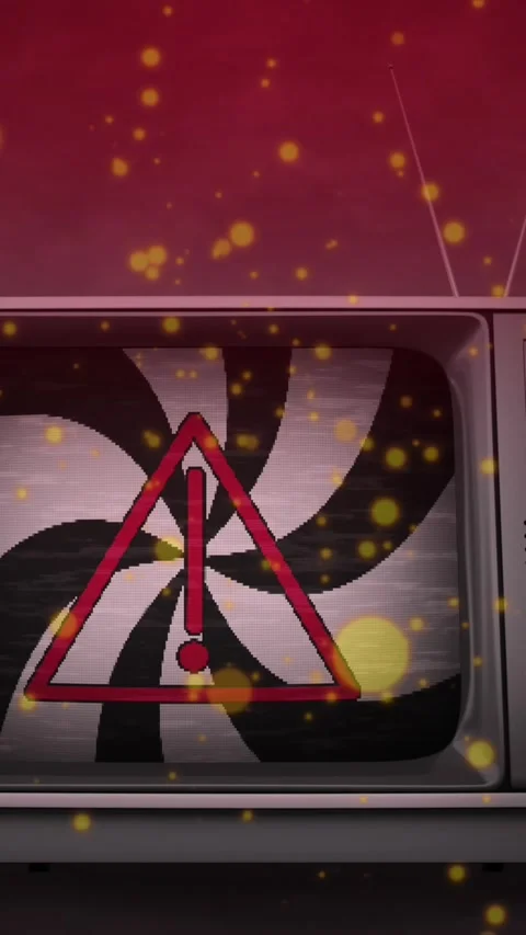 Animation of black and white stripes and warning triangle over retro tv on light Stock Footage 343641060