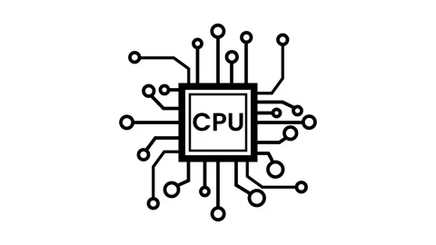 Animation Black and White Stylized CPU Microchip Icon with Circuit Lines an.. Stock Footage 321789705