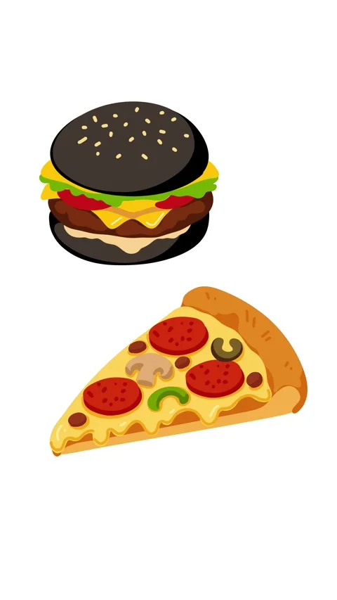 Animation black bun burger and pizza slice Stock Footage 336893227