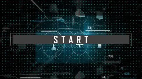 Animation of black digital screen with data processing, tech icons and start Stock Footage 328645434