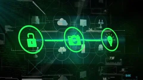 Animation of black digital screen with data, tech icons and connections Stock Footage 330728328