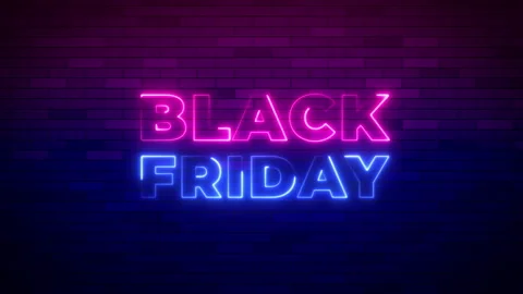 Animation of black friday neon text glowing on a wall background, creating a Stock Footage 304653053