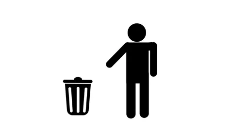Animation Black Silhouette of a Person Throwing Trash into a Bin on a White.. Stock Footage 321789348