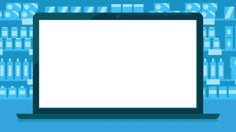 Animation of a blank laptop computer display screen on moving supermarket shelf. Stock-Footage 306078548