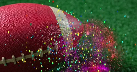 Animation of blasting multicolored confetti and abstract pattern over rugby ball Stock Footage 330724797