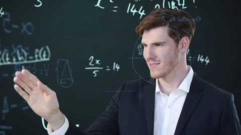 Animation blends media icons, math, and tech over a businesswoman in a green Stock Footage 326297586