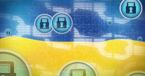 Animation of block chain and digital padlocks in circles floating over flag of Stock Footage 328969502