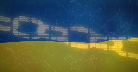 Animation of block chain and technology over flag of ukraine Stock Footage 329408065