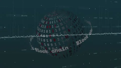 Animation of block chain text and binary coding globe over data processing Stock Footage 234953935