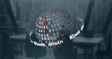 Animation of block chain text banner and binary coding over spinning globe Stock Footage 239110807