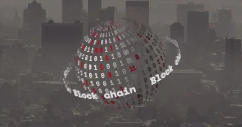 Animation of block chain text banner and binary coding over spinning globe Stock Footage 327961780