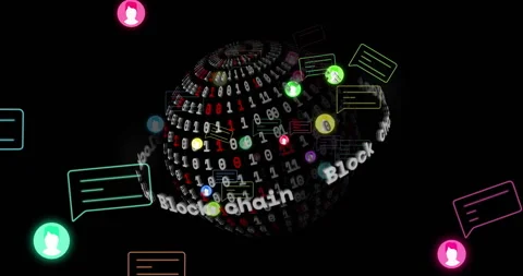 Animation of block chain text, binary coding and digital data processing over Stock Footage 307737514