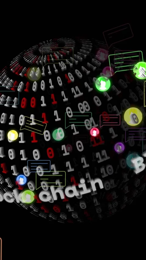Animation of block chain text, binary coding and digital data processing over Stock Footage 320216829