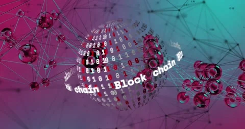 Animation of block chain text, globe of binary coding, connecting dots on purple Stock Footage 241984915