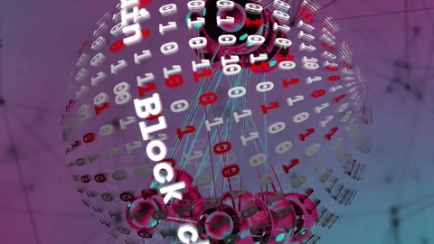 Animation of block chain text, globe of binary coding, connecting dots on purple Stock Footage 312696484