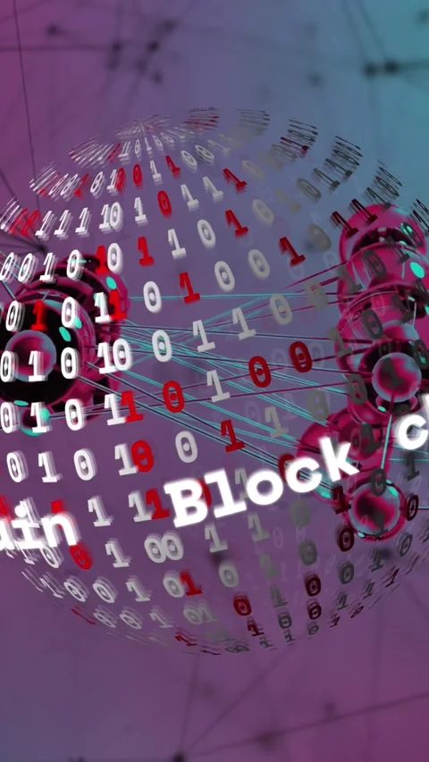 Animation of block chain text, globe of binary coding, connecting dots on purple Stock Footage 321265733