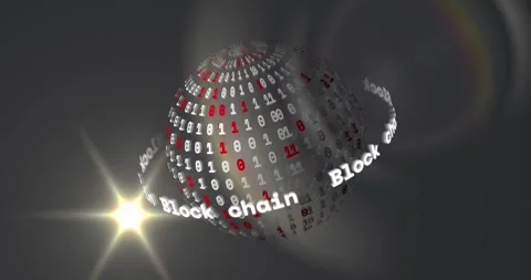 Animation of block chain texts around binary codes forming globe, lens flare on Stock Footage 329499022