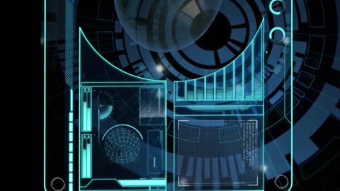 Animation of blood cell, loading bars, globe, graph over circles against black Stock Footage 312366112