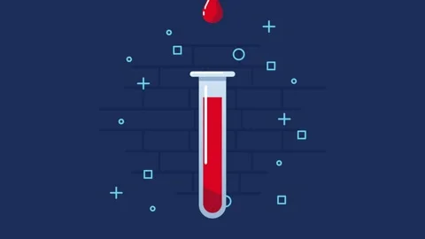Animation of blood drop falling into test tube against dark background. Видео 339060014