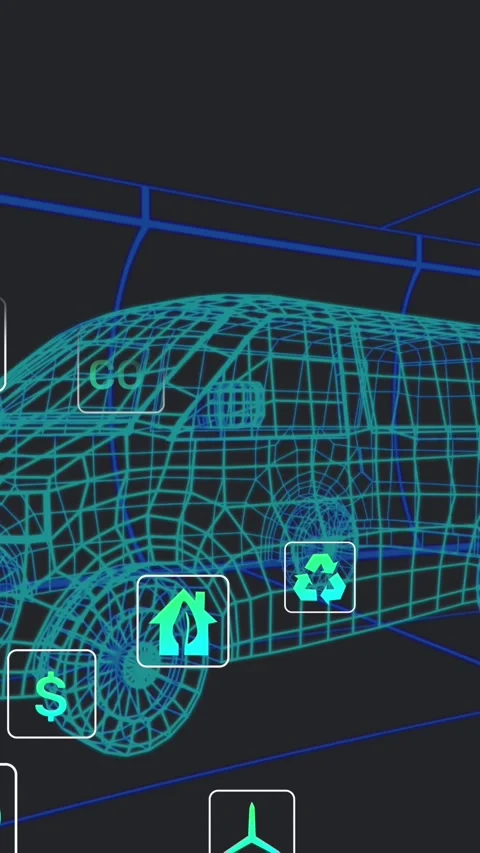 Animation of blue 3d wire frame electric van on computer graphic screen Stock Footage 319068492