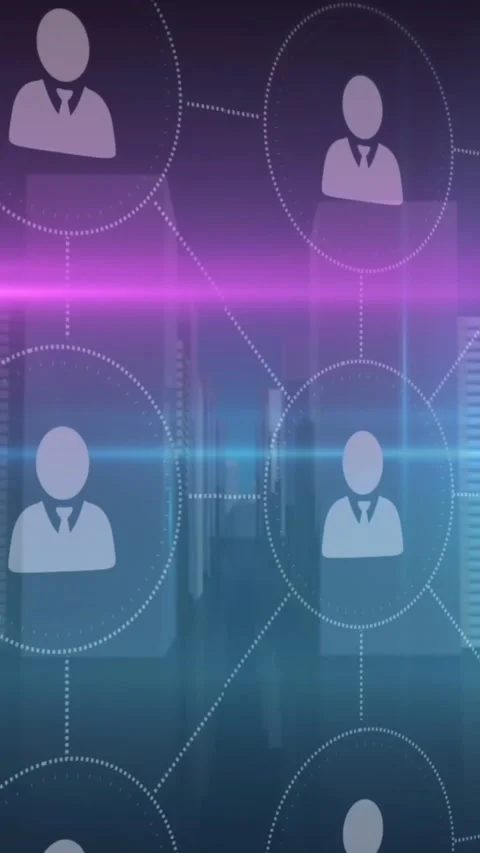 Animation of blue and pink light trails over network of profile icons against 3d Stock Footage 344693704