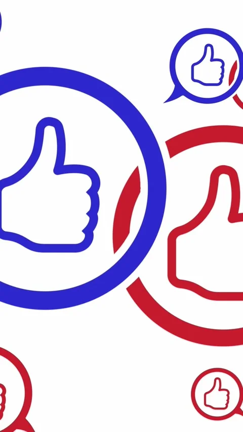 Animation. blue and red speech bubbles with thumbs up, appear on a white Video stock 321615943