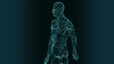 Animation of blue background movement of red lungs and coronavirus. AI lines and Stock Footage 157928350