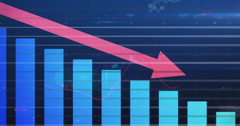 Animation of blue bar graph with red arrow showing financial decline Stock Footage 305070139