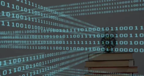 Animation of blue binary codes moving over alarm clock on books against white Stock Footage 217997537