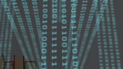 Animation of blue binary codes moving over alarm clock on books against white Stock Footage 313445173