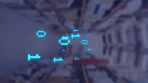 Animation of blue binary coding over warehouse Stock-Footage 312674726