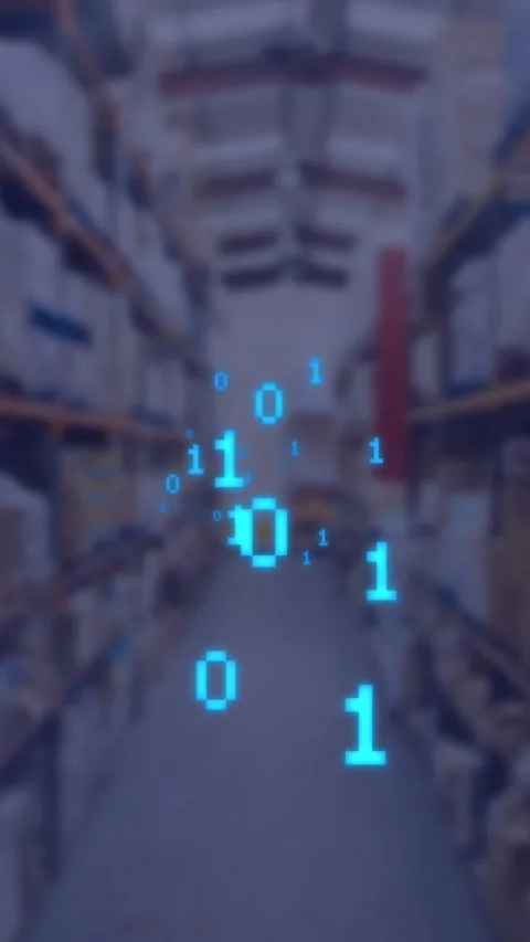 Animation of blue binary coding over warehouse Stock-Footage 321441061
