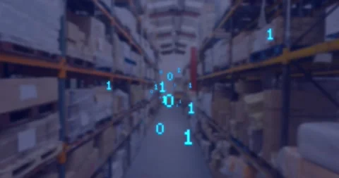 Animation of blue binary coding over warehouse Stock-Footage 327359065