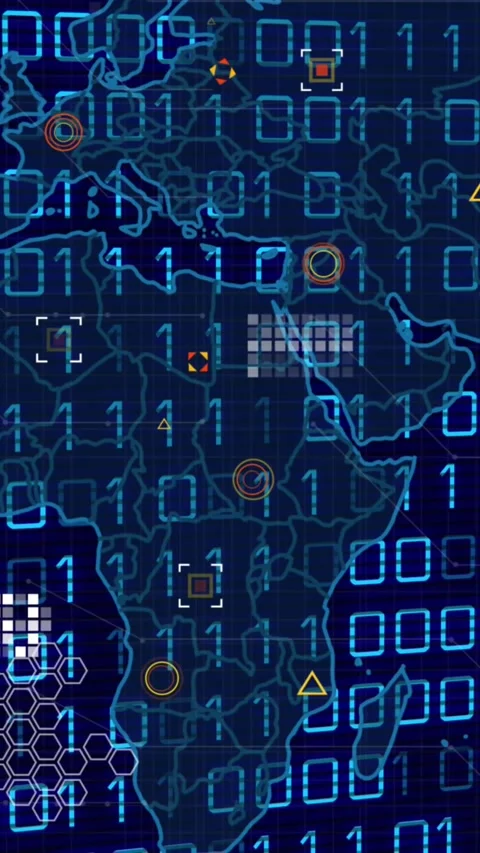 Animation of blue binary coding over world map and data processing on blue 動画素材 343615200